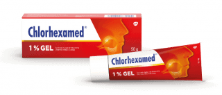 Tube and packaging of the Chlorhexamed brand, antibacterial oral gel.