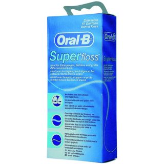 Image of blue packaging with the inscription Oral-B Superfloss dental floss.